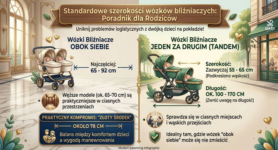 porównanie szerokości wózków bliźniaczych obok siebie i jeden za drugim infografika- dadi-shop